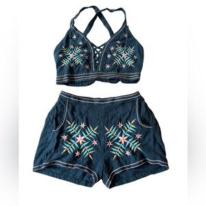 American Eagle Outfitters black embroidered halter top and short set